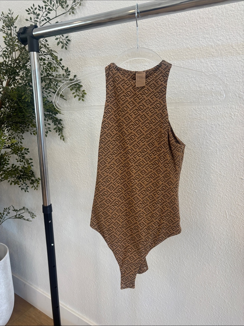 SKIMS Brown Logo Print Asymmetric Tank Bodysuit